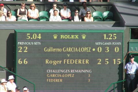 Placar de jogo de t&ecirc;nis de Roger Federer em Wimbledon