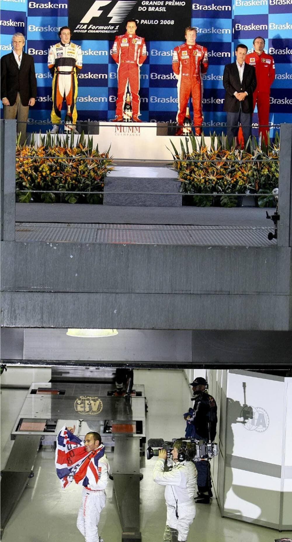 Felipe Massa e Lewis Hamilton no GP do Brasil de 2008,piloto brit&acirc;nico foi campe&atilde;o da F&oacute;rmula 1